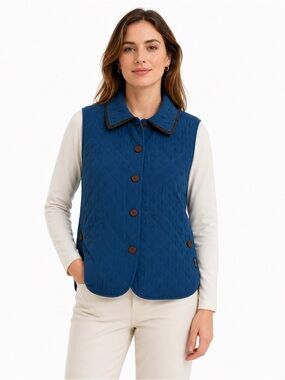 Faconnable Women’s M Blue Quilted Vest Belted Button Front Nylon Blend
